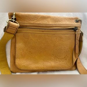 Fossil mustard yellow tooled leather messenger bag